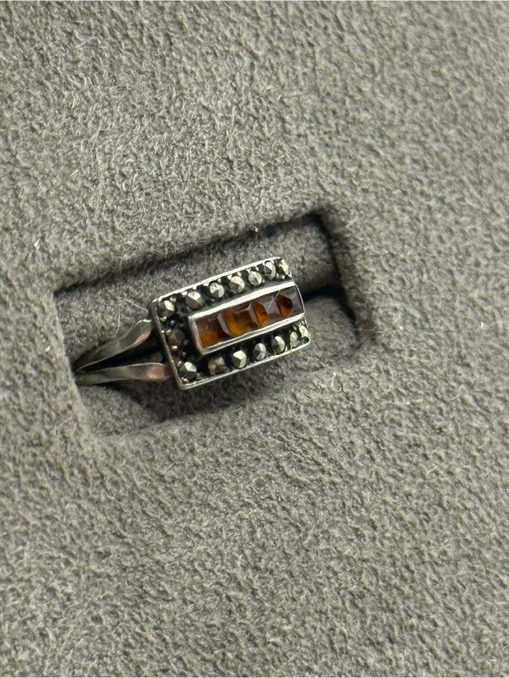 vintage Sterling Silver Marcasite Amber Bar Ring - Amber